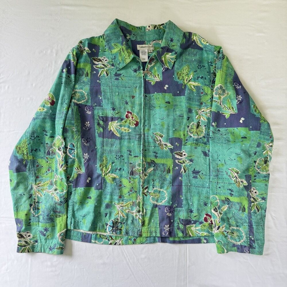 Coldwater Creek Jacket Womens 1X Green Long Sleeve Full Zip Sequin Collared